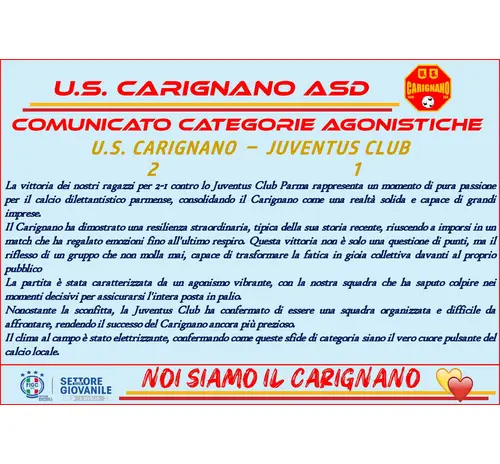 Campionato Regionale Juniores Under 19 - Vittoria e sorpasso in classifica per l'US CARIGNANO
