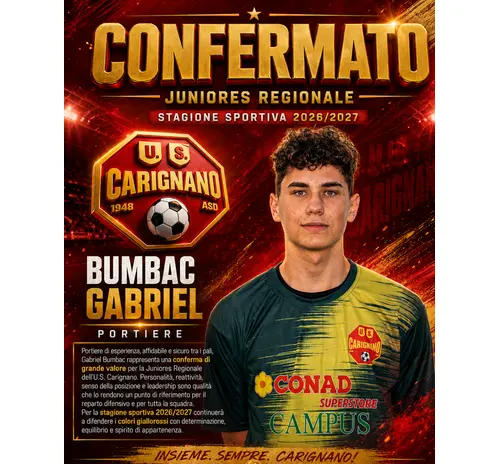 JUNIORES REGIONALE - BUMBAC GABRIEL CONFERMATO