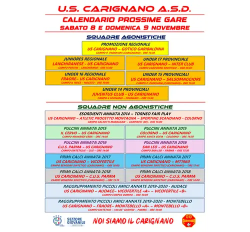 Calendario partite US CARIGNANO 08 - 09 novembre 2025