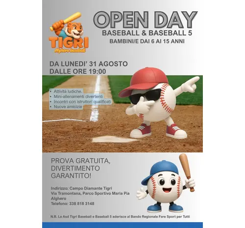 Open Day Baseball e Baseball 5 con la Asd Tigri Alghero