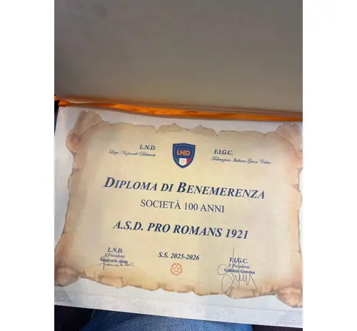 Diploma di Benemerenza per i 100 anni della Pro Romans